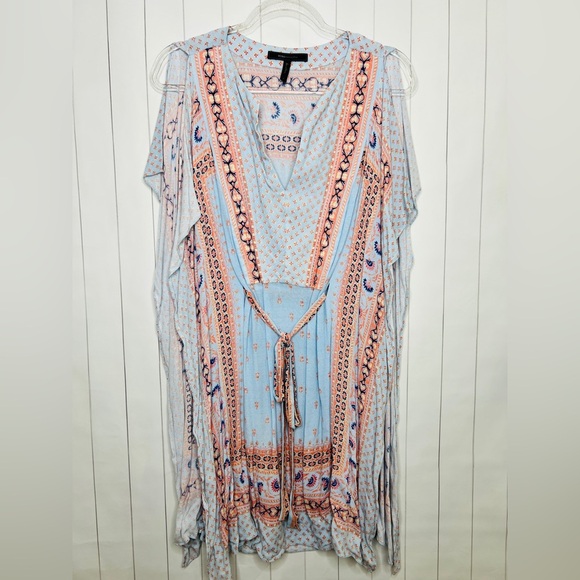 BCBGmaxazria Alexi Blue Peach Combo Print Kaftan Mini Dress Summer Resortwear S - Picture 5 of 11